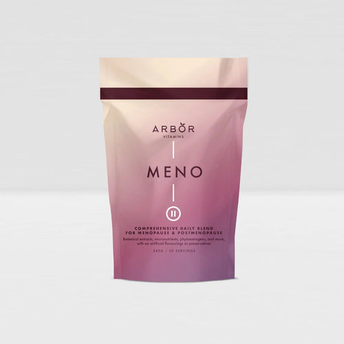 Arbor Vitamins MENO Blend 240g menopause nutrition powder pouch on a light grey background
