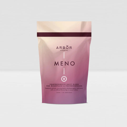 Arbor Vitamins MENO Blend 240g menopause nutrition powder pouch on a light grey background