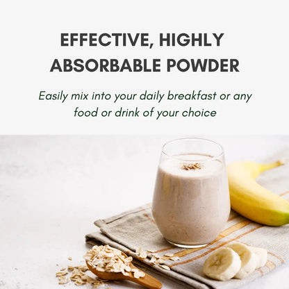 Prepared smoothie with banana and oats beside MENO Blend powder information