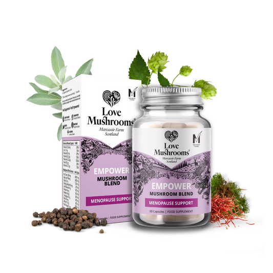Love Mushrooms Empower menopause support capsules with bottle, box and botanical ingredients