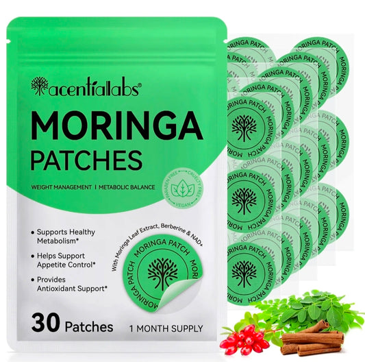 Moringa patches with moringa leaf extract, berberine and NAD+ in a 30-patch set.