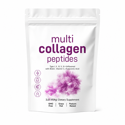Package of multi collagen peptides with purple powder on a white background