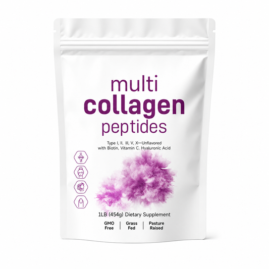 Package of multi collagen peptides with purple powder on a white background