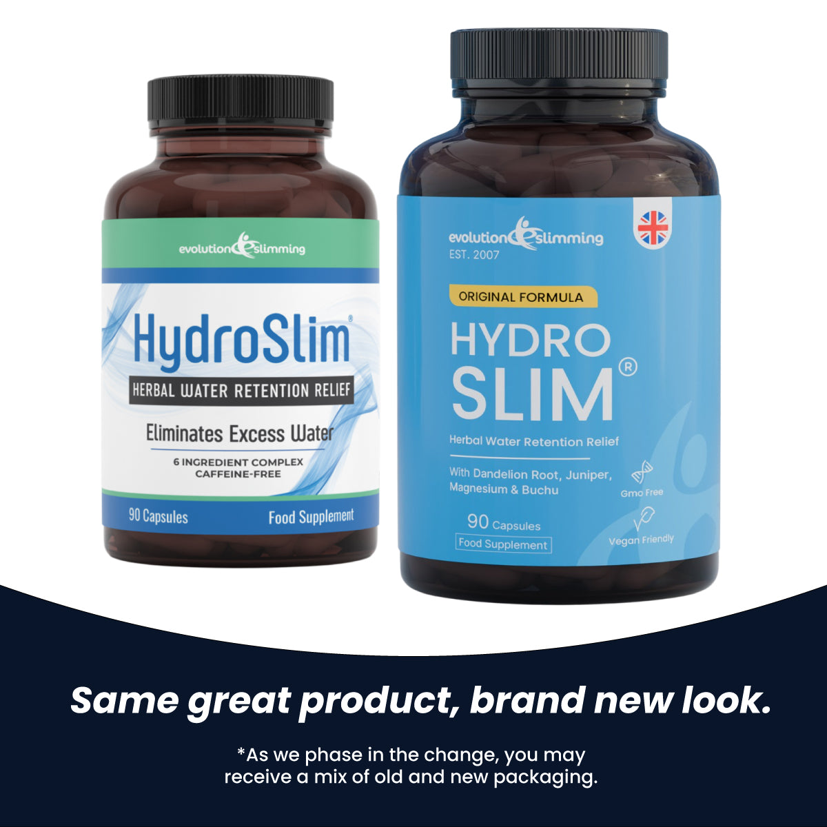 Two bottles of HydroSlim supplements on a white background with text about brand new look.