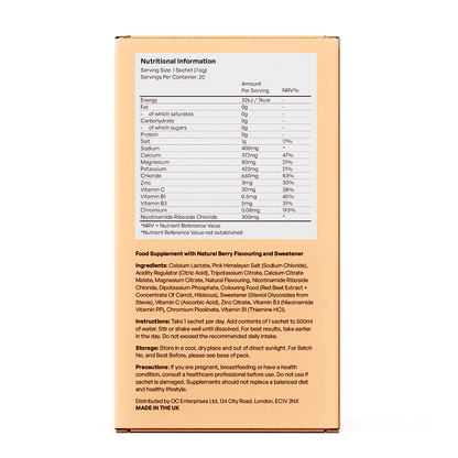 Odv Electrolyte+ NAD⁺ Complex – Electrolyte & NR Sachets – back of pouch with nutritional panel