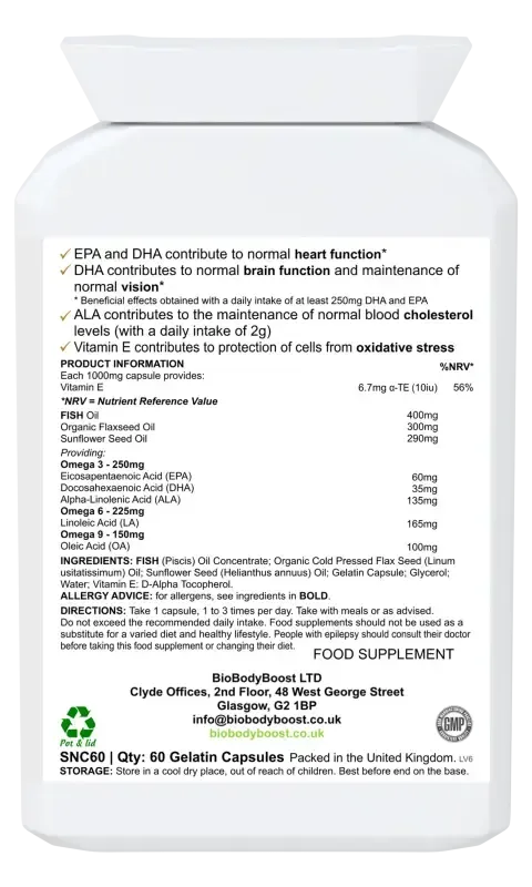 BioBodyBoost OmegaBalance Omega 3, 6 & 9 – 60 Capsules – ingredients and directions label