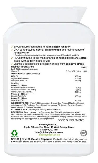 BioBodyBoost OmegaBalance Omega 3, 6 & 9 – 60 Capsules – ingredients and directions label