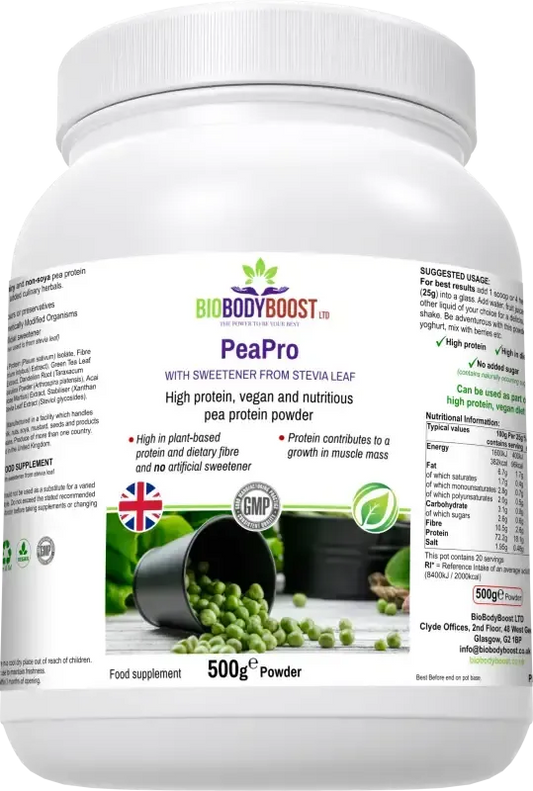 BioBodyBoost PeaPro Pea Protein Powder – 500g – product packaging, view 1