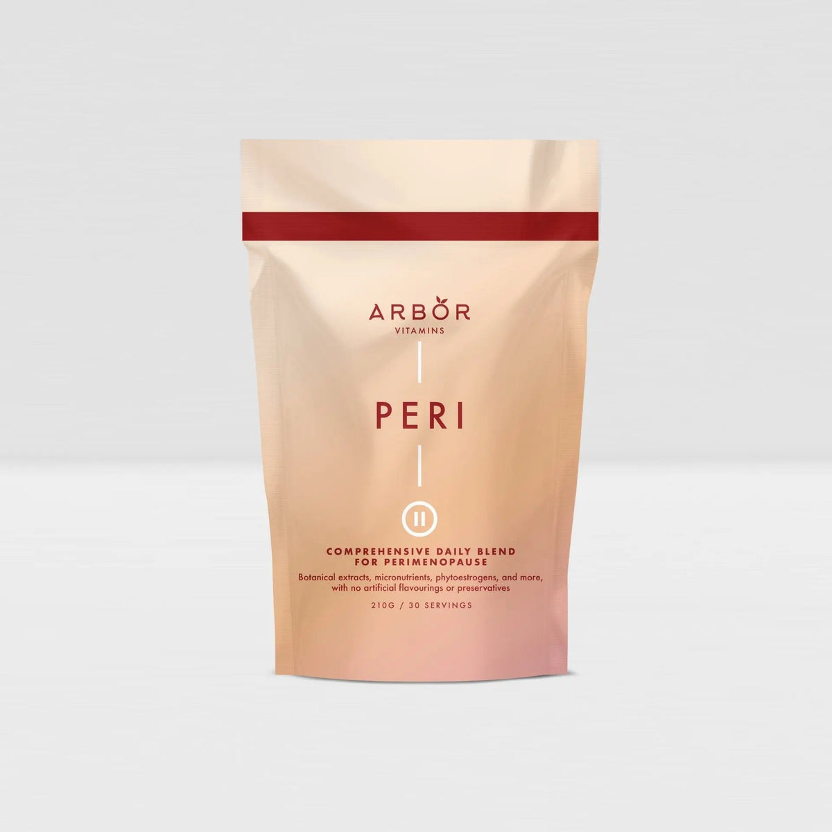Arbor Vitamins PERI Blend 210g perimenopause nutrition powder pouch on a light grey background