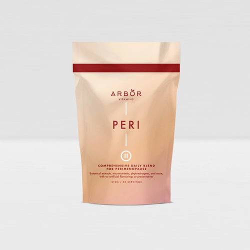 Arbor Vitamins PERI Blend 210g perimenopause nutrition powder pouch on a light grey background