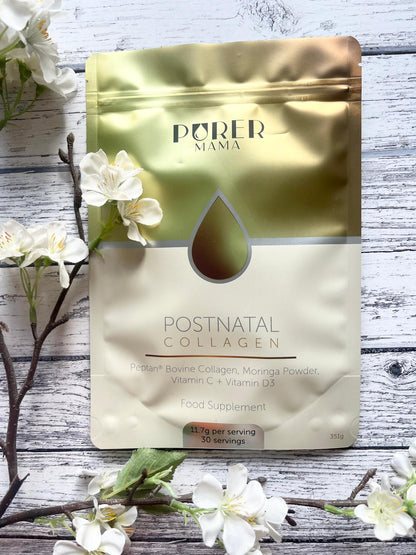 BePurer PurerMama Postnatal Collagen Powder – collagen pouch on a wooden table