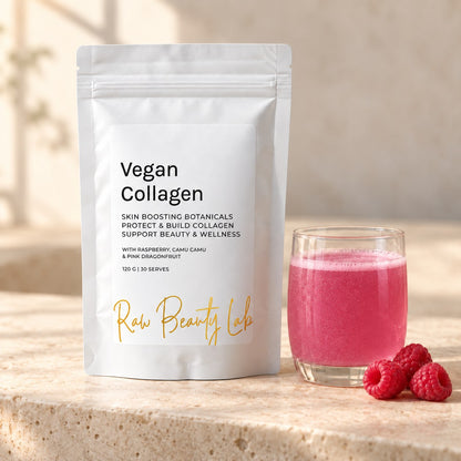 Raw Beauty Lab Vegan Collagen Booster – pouch and prepared drink