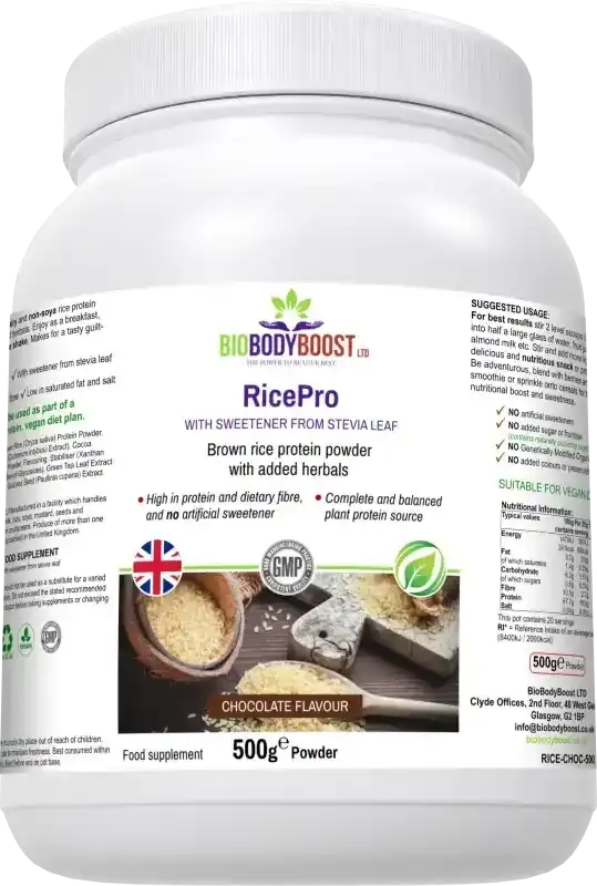 BioBodyBoost RicePro Chocolate Rice Protein – 500g – product packaging, view 4