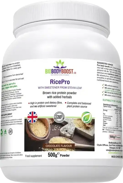 BioBodyBoost RicePro Chocolate Rice Protein – 500g – product packaging, view 4