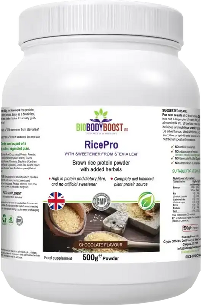 BioBodyBoost RicePro Chocolate Rice Protein – 500g – product packaging, view 1
