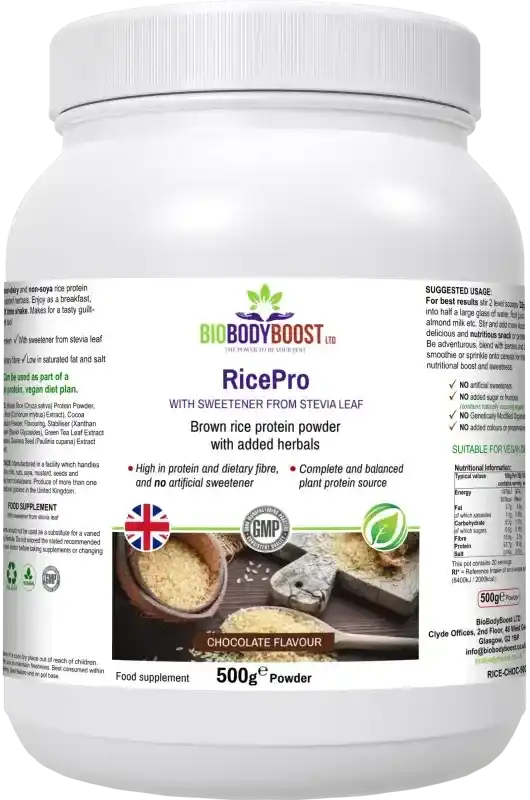 BioBodyBoost RicePro Chocolate Rice Protein – 500g – product packaging, view 1