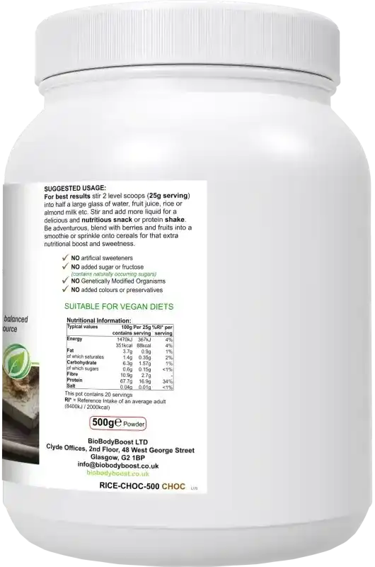 BioBodyBoost RicePro Chocolate Rice Protein – 500g – ingredients and directions label