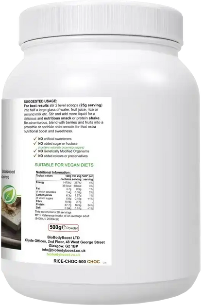 BioBodyBoost RicePro Chocolate Rice Protein – 500g – ingredients and directions label