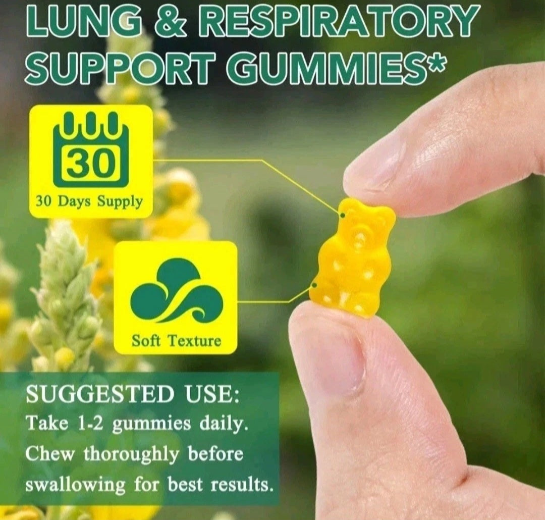 Yellow gummy being held between fingers with text about lung and respiratory support gummies, 30-day supply, and soft texture.