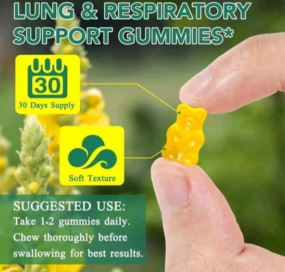 Yellow gummy being held between fingers with text about lung and respiratory support gummies, 30-day supply, and soft texture.