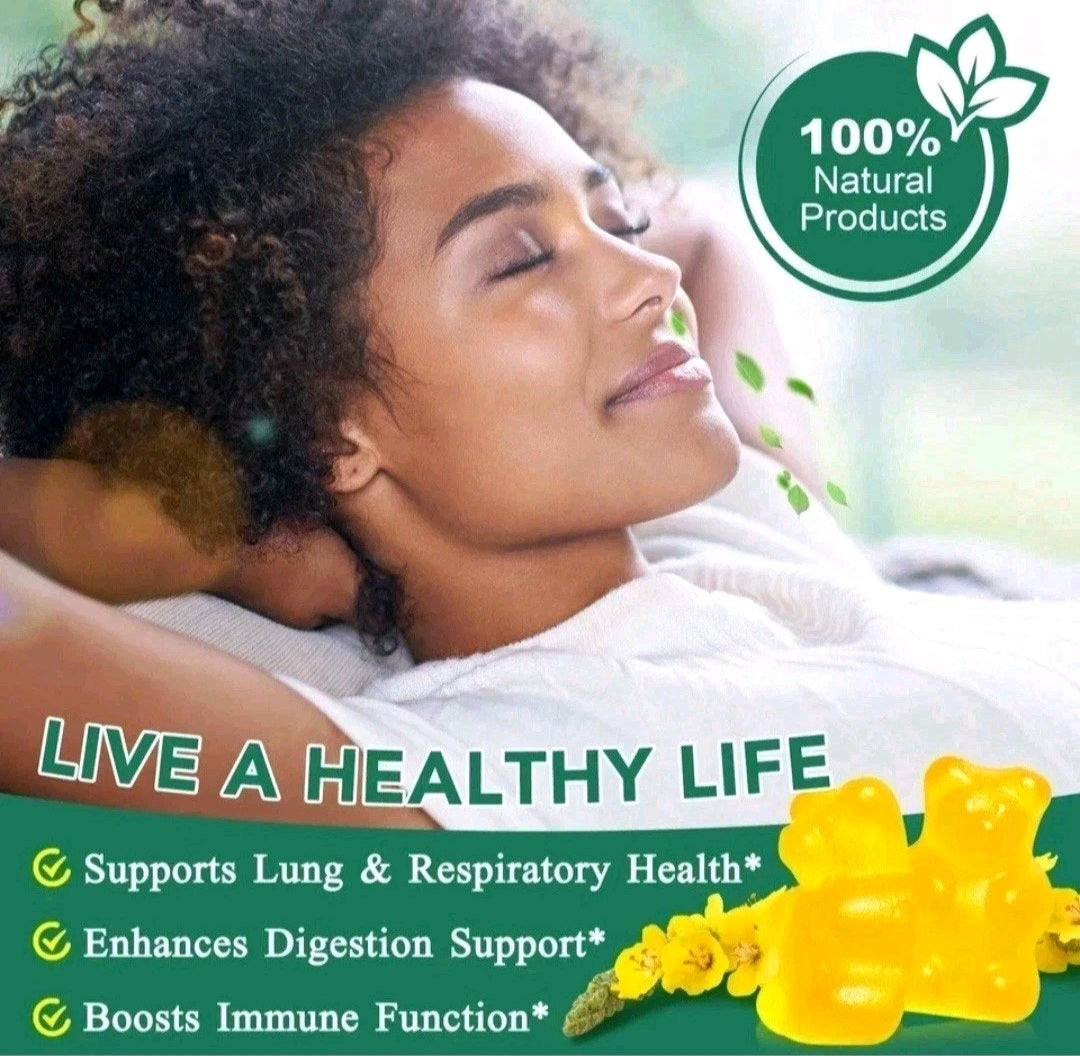 Woman lying down with a 100% natural products label, gummy bears, and text about health benefits on a green background.
