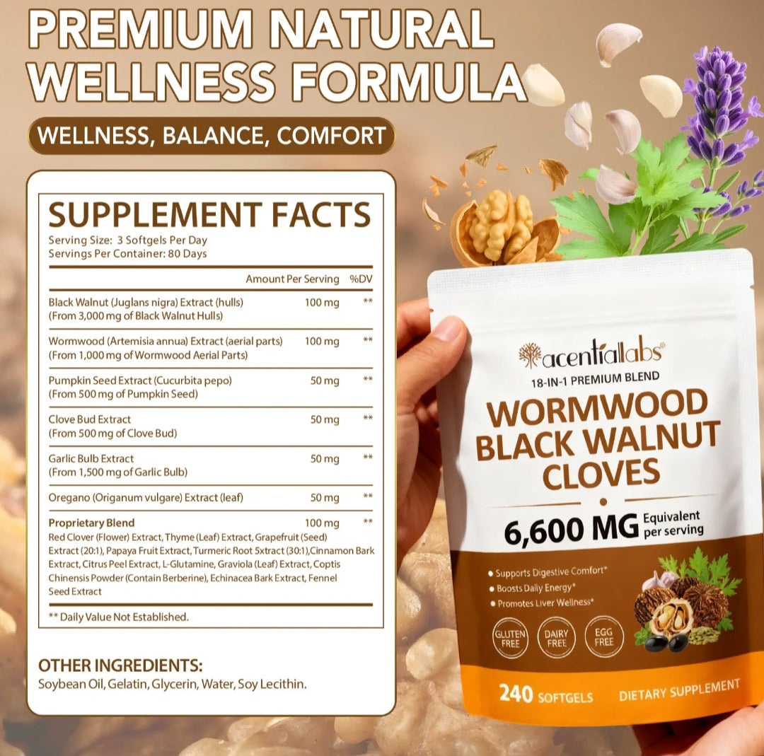 Supplement package with wormwood, black walnut, and cloves and supplement facts on a beige background.