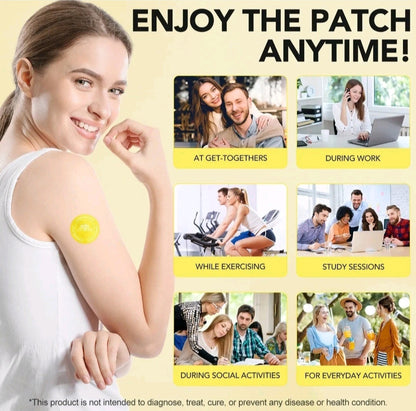 Woman with a patch on her arm, surrounded by scenarios of using the patch at various times.