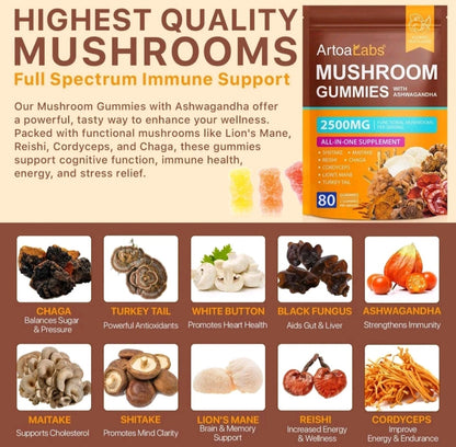 Advertisement for Artoa Labs Mushroom Gummies with various mushroom images and text about immune support.