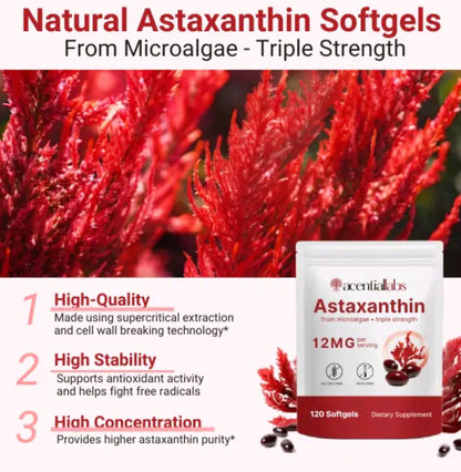 A promotional graphic for 'Natural Astaxanthin Softgels' showing a white and red pouch of 'acentials' brand softgels, surrounded by red astaxanthin microalgae and black softgel capsules. The left side features three numbered benefits: High-Quality, High Stability, and High Concentration, set against a background of red algae.