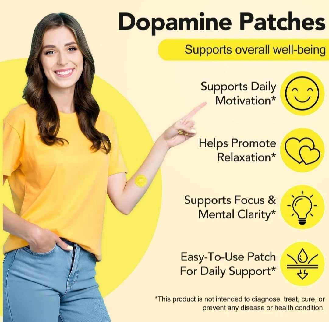Woman pointing to dopamine patches with benefits listed on a yellow background