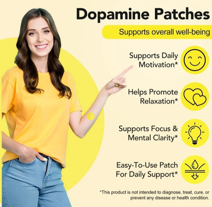 Woman pointing to dopamine patches with benefits listed on a yellow background
