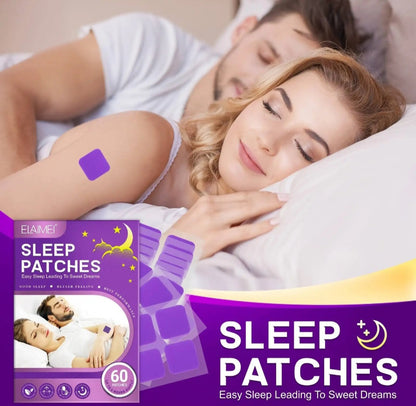 Sleep patches packaging with a couple lying down, one with a patch on their arm.