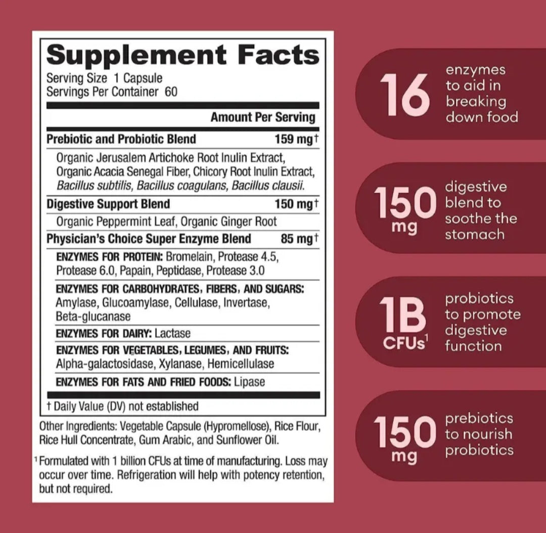 Supplement facts label with detailed information on ingredients and benefits on a red background
