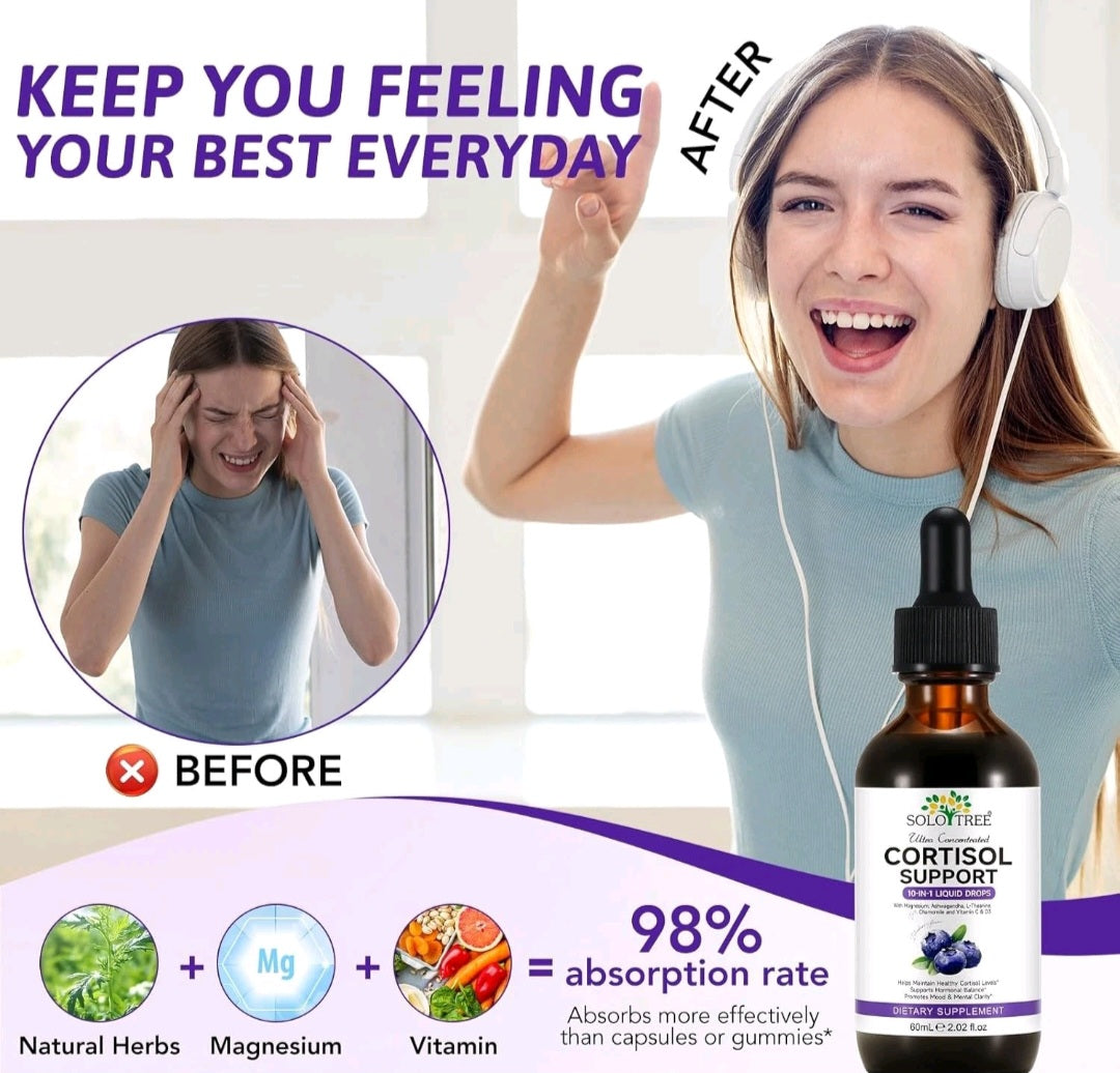 Advertisement for cortisol support supplement showing a before and after scenario with a woman using headphones.