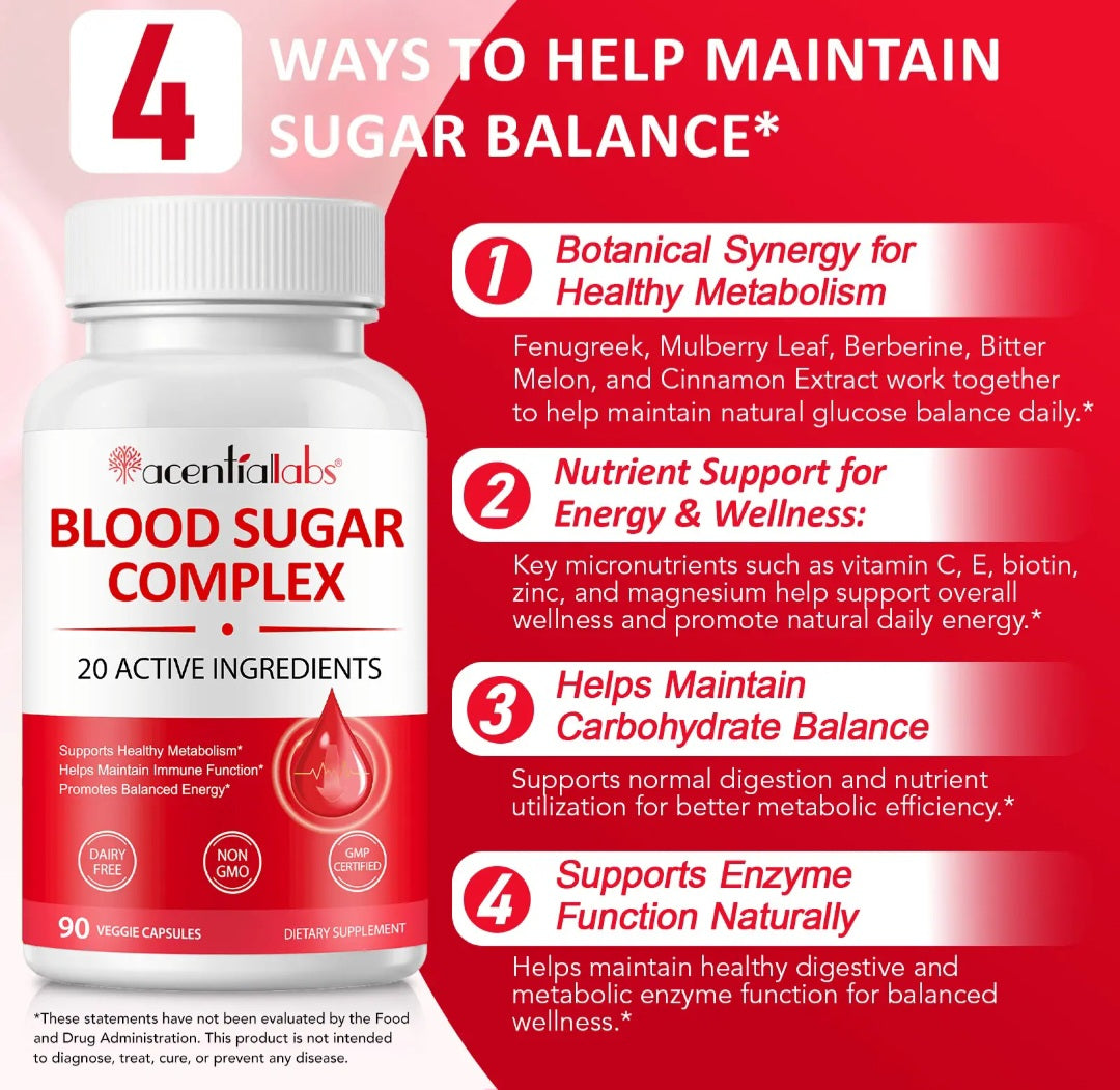 Acentria Labs Blood Sugar Complex supplement bottle with text on a red background