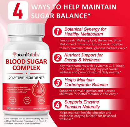 Acentria Labs Blood Sugar Complex supplement bottle with text on a red background
