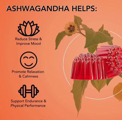 Red gummy bears with ashwagandha benefits on an orange background