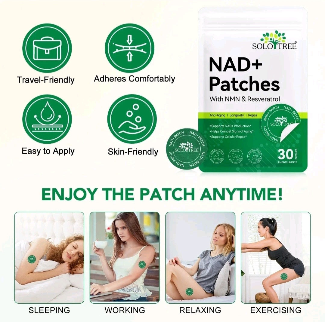 Advertisement for NAD+ Patches with Solotree branding, highlighting features and usage scenarios.
