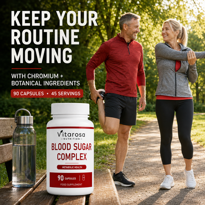 Active couple walking beside Vitarosa Blood Sugar Complex bottle