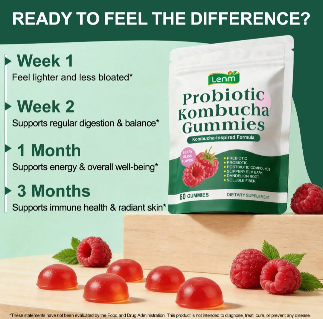 Lemn Probiotic Kombucha Gummies pouch shown on a wooden block with loose raspberries and red gummies in front, alongside marketing text about benefits over 1, 2, 1 month, and 3 months.