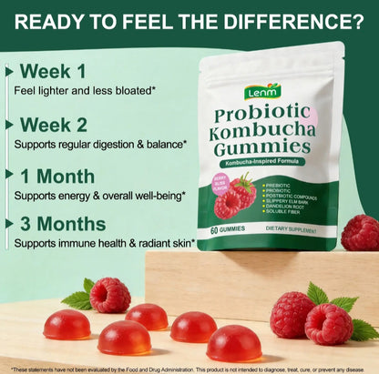 Lemn Probiotic Kombucha Gummies pouch shown on a wooden block with loose raspberries and red gummies in front, alongside marketing text about benefits over 1, 2, 1 month, and 3 months.