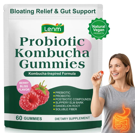 A stand-up pouch of Lenm Probiotic Kombucha Gummies shown on a white background, alongside a woman holding a red gummy and an orange stomach graphic. The pouch is berry bliss flavor, contains 60 gummies, and features green and pink accents.