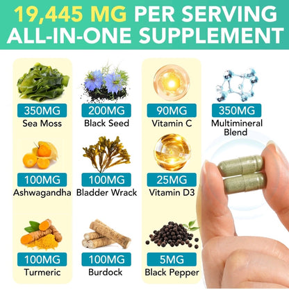 Supplement package with various ingredients and their respective amounts per serving, shown with a hand holding two capsules.