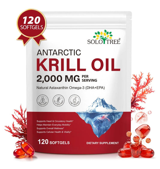 A stand-up pouch of SOLOTREE Antarctic Krill Oil dietary supplement, 2,000 MG per serving, 120 softgels. The white and red packaging features a graphic of an iceberg and is styled with red softgels and red seaweed on a white background.