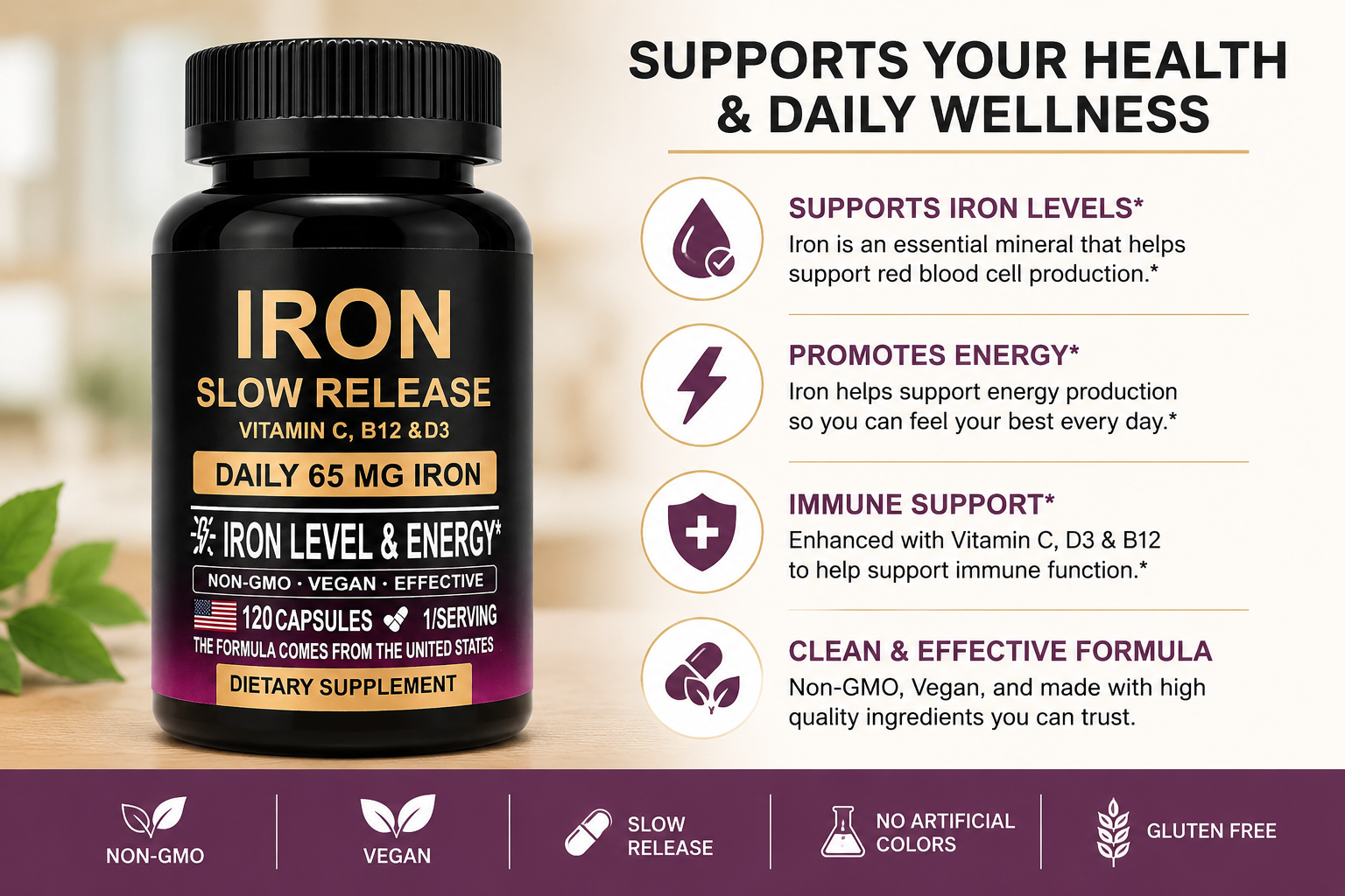 Supplement bottle labeled 'Iron Slow Release' with health benefits on a blurred natural background