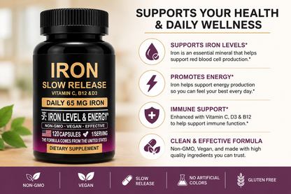 Supplement bottle labeled 'Iron Slow Release' with health benefits on a blurred natural background