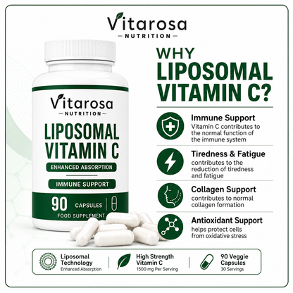 Vitarosa Liposomal Vitamin C bottle beside its supplement facts and key label details