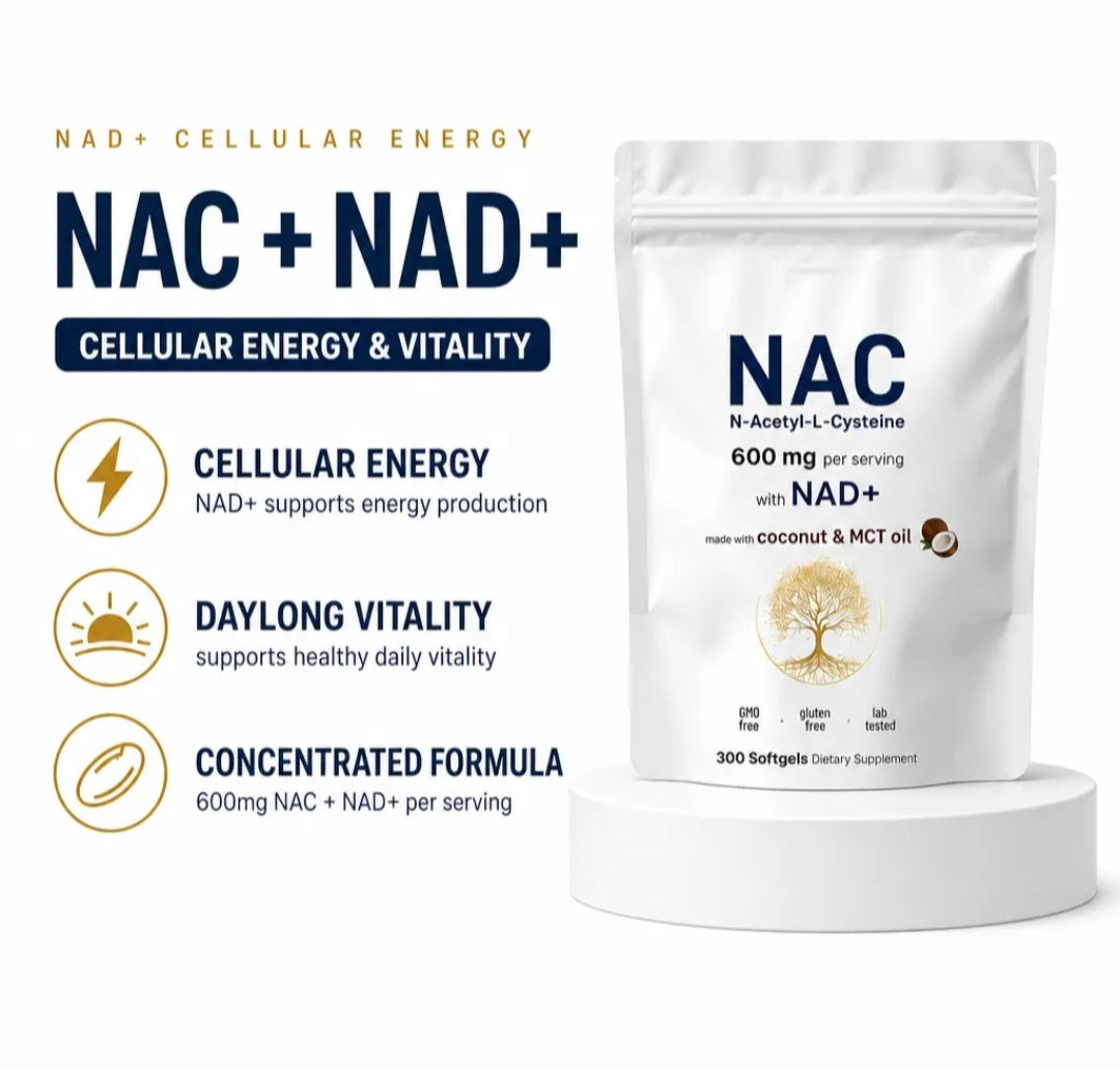 NAC with NAD+ pouch beside ingredient and formula feature callouts.