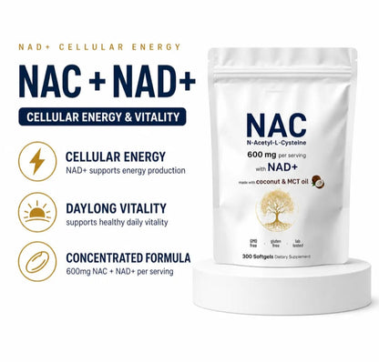 NAC with NAD+ pouch beside ingredient and formula feature callouts.