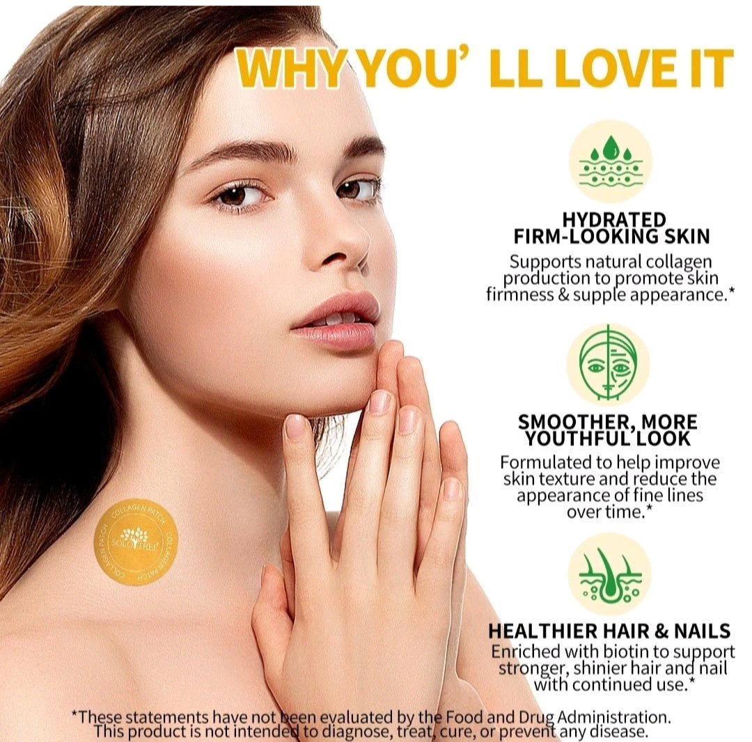 Woman with hydrated skin, smooth texture, and healthier hair and nails with product application on neck.
